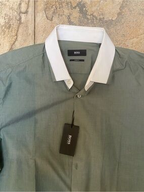 BOSS Men's Slim Fit olive Green Dress Shirt Size 41 Neck-16 New